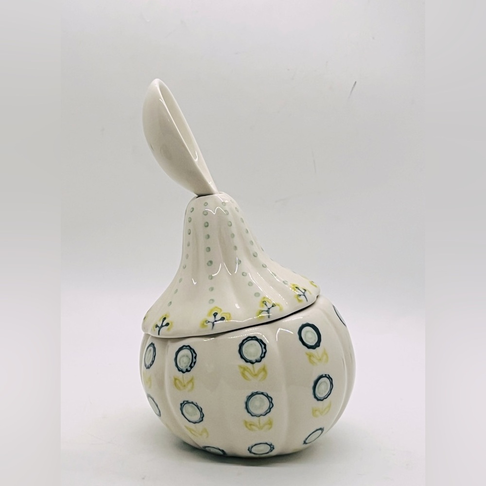 Anthropologie Gourd Pear Pumpkin Shaped Sugar Bowl and Spoon Floral Print
